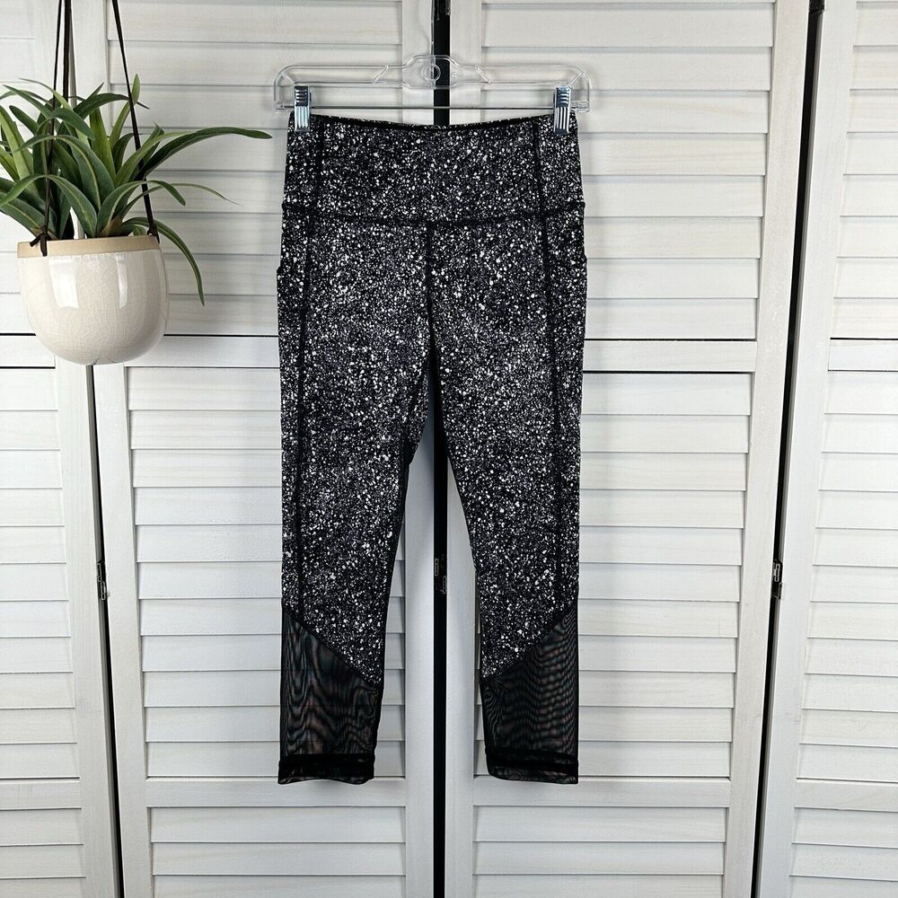 Lululemon Pace Rival Crop Marathon Splatter White Black Leggings Womens Size 4